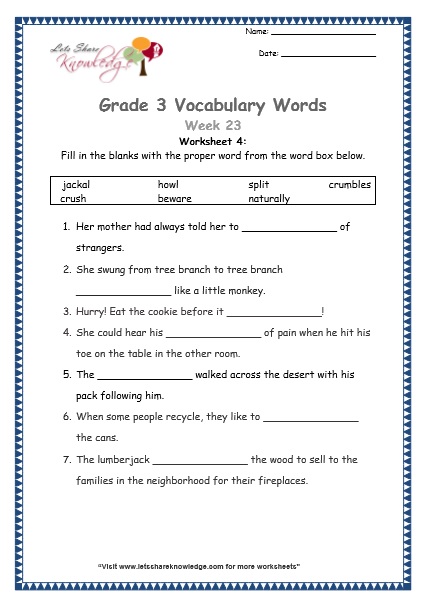  grade 3 vocabulary worksheets Week 23 worksheet 4