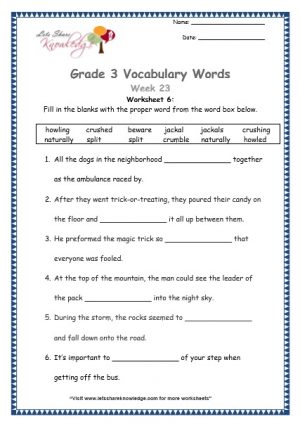 grade 3 vocabulary week 23 worksheet 7 beware, naturally, crumble, crush, howl, split, jackal