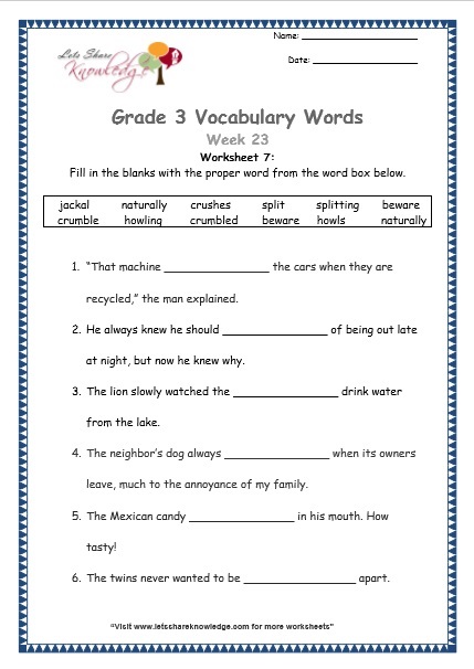  grade 3 vocabulary worksheets Week 23 worksheet 7