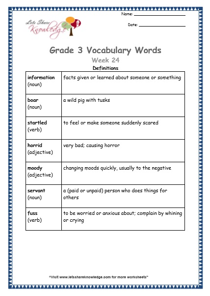 grade 3 vocabulary worksheets Week 24 definitions