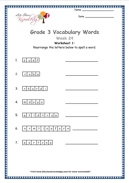 grade 3 vocabulary worksheets Week 24 worksheet 1