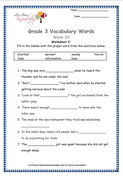 grade 3 vocabulary worksheets Week 24 worksheet 1