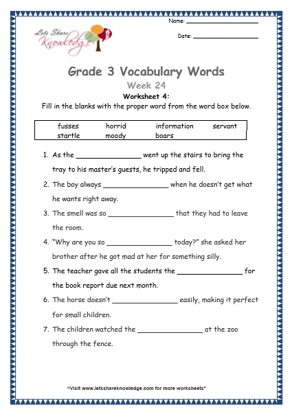 Grade 3: Vocabulary Worksheets Week 24 information, boar, startled, horrid, moody, servant, fuss
