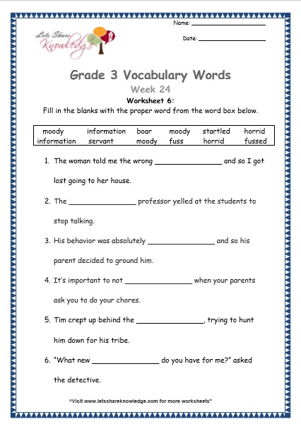 grade 3 vocabulary worksheets Week 24 worksheet 6