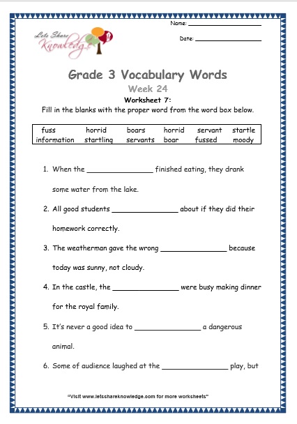  grade 3 vocabulary worksheets Week 24 worksheet 7
