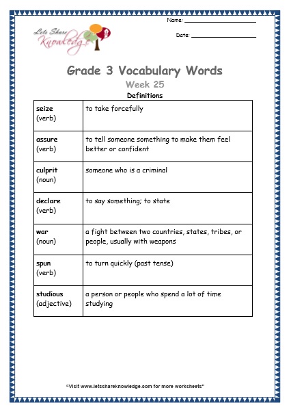 grade 3 vocabulary worksheets Week 25 definitions