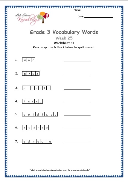 grade 3 vocabulary worksheets Week 25 worksheet 1