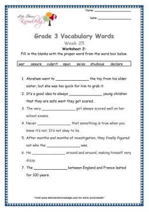 grade 3 vocabulary week 25 worksheet 7 words seize, assure, culprit, declare, war, spun, studious
