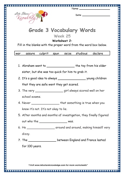 grade 3 vocabulary week 25 worksheet 7 words seize, assure, culprit, declare, war, spun, studious