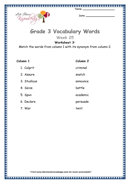  grade 3 vocabulary worksheets Week 25 worksheet 3