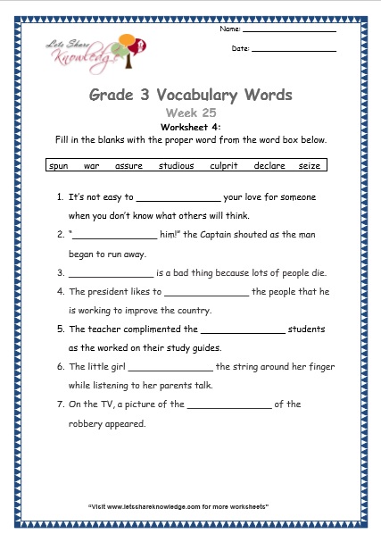  grade 3 vocabulary worksheets Week 25 worksheet 4