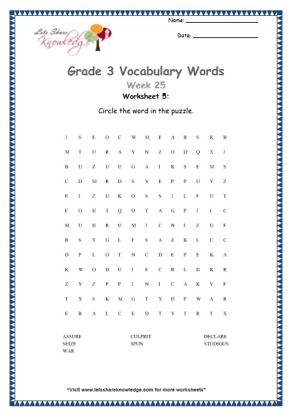  grade 3 vocabulary worksheets Week 25 worksheet 5