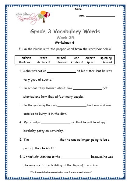  grade 3 vocabulary worksheets Week 25 worksheet 6