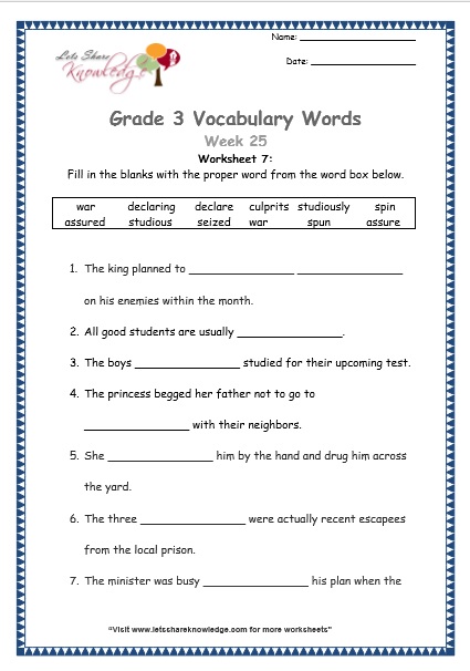  grade 3 vocabulary worksheets Week 25 worksheet 7