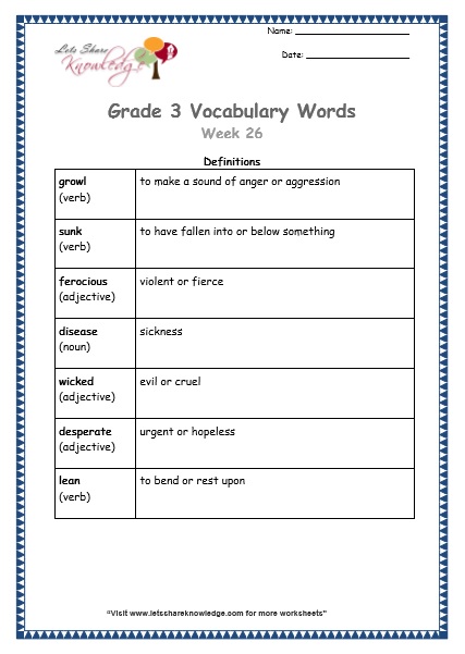 grade 3 vocabulary worksheets Week 26 definitions