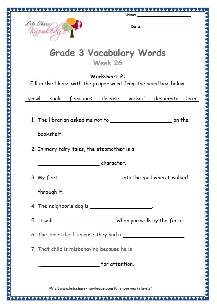 grade 3 vocabulary worksheets Week 26 worksheet 1