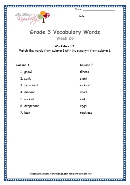 grade 3 vocabulary worksheets Week 26 worksheet 3