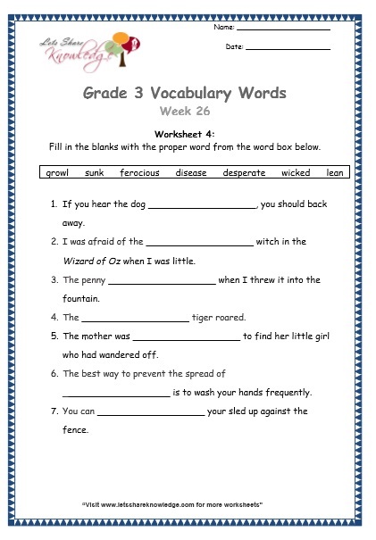  grade 3 vocabulary worksheets Week 26 worksheet 4