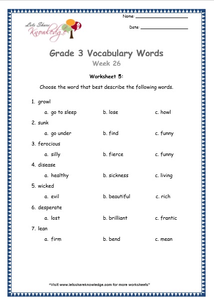  grade 3 vocabulary worksheets Week 26 worksheet 5