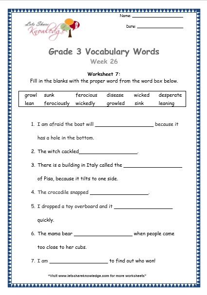 Grade 3: Vocabulary Worksheets Week 26 – Lets Share Knowledge