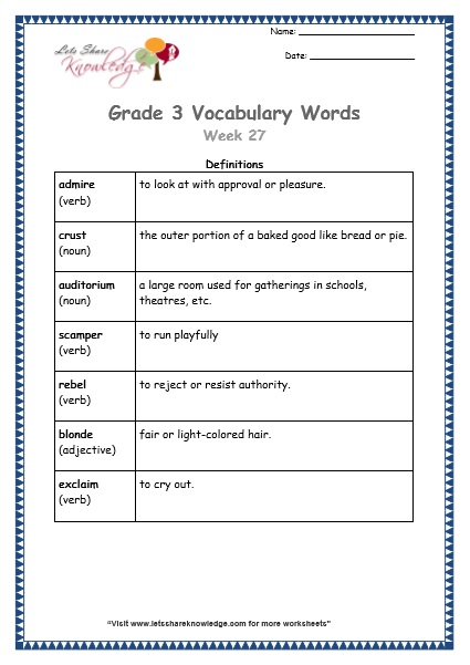 grade 3 vocabulary worksheets Week 27 definitions