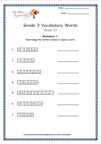grade 3 vocabulary worksheets Week 27 worksheet 1