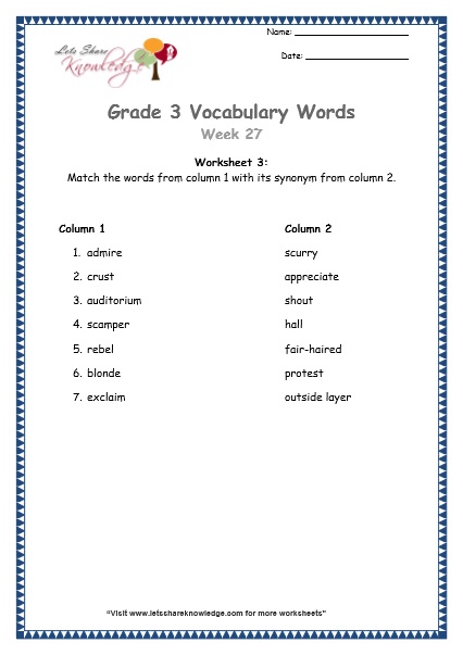  grade 3 vocabulary worksheets Week 27 worksheet 3