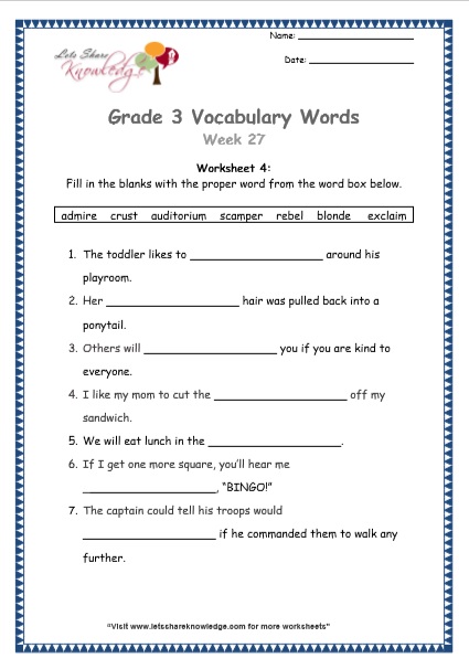  grade 3 vocabulary worksheets Week 27 worksheet 4