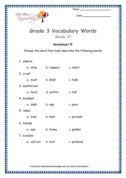 Grade 3: Vocabulary Worksheets Week 27 – Lets Share Knowledge