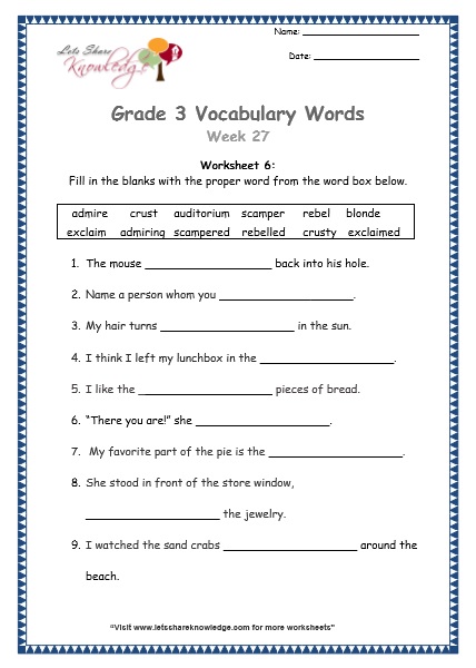  grade 3 vocabulary worksheets Week 27 worksheet 6