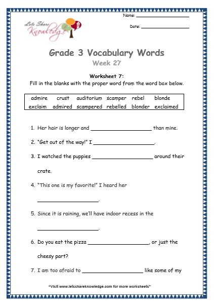  grade 3 vocabulary worksheets Week 27 worksheet 7