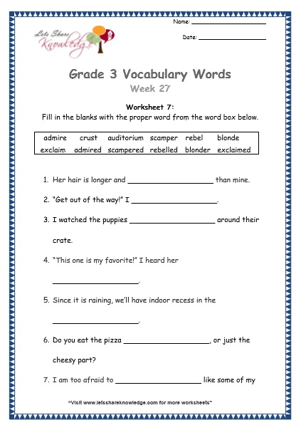 Grade 3: Vocabulary Worksheets Week 27 – Lets Share Knowledge