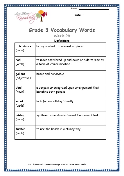grade 3 vocabulary worksheets Week 28 definitions