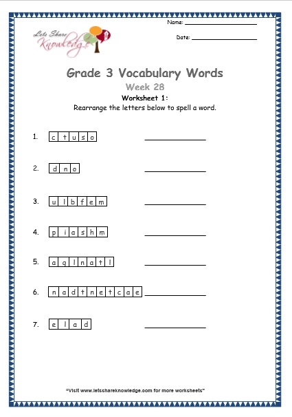 grade 3 vocabulary worksheets Week 28 worksheet 1
