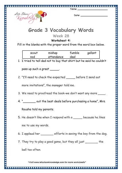 grade 3 vocabulary worksheets Week 28 worksheet 4