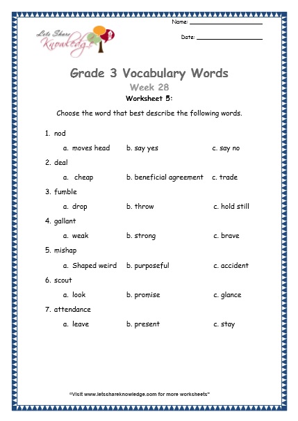  grade 3 vocabulary worksheets Week 28 worksheet 5
