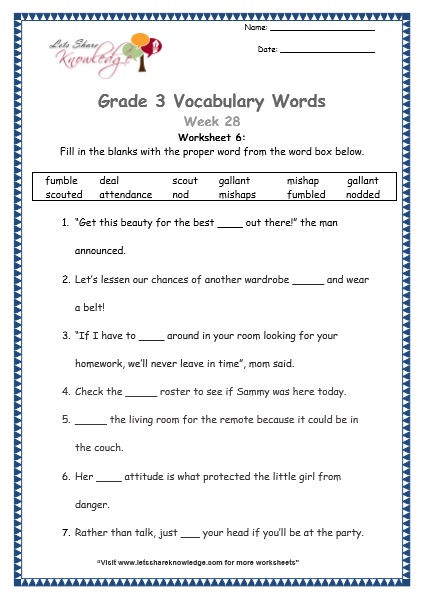  grade 3 vocabulary worksheets Week 28 worksheet 6