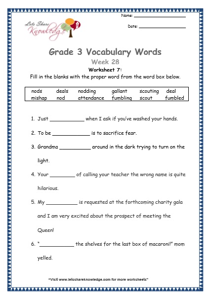  grade 3 vocabulary worksheets Week 28 worksheet 7