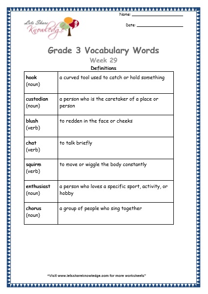 grade 3 vocabulary worksheets Week 29 definitions