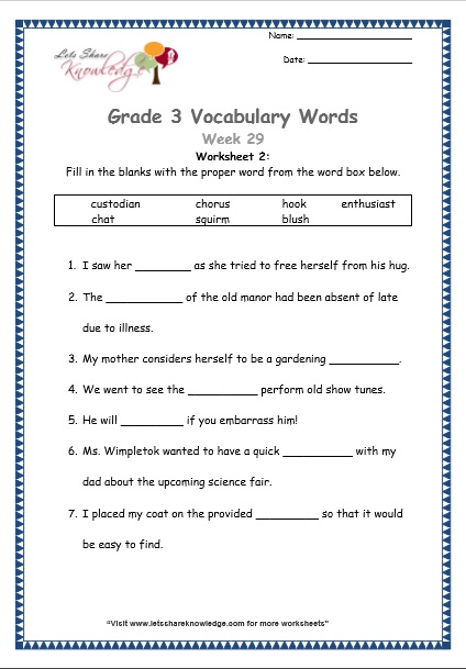 grade 3 vocabulary worksheets Week 29 worksheet 1