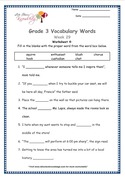  grade 3 vocabulary worksheets Week 29 worksheet 4