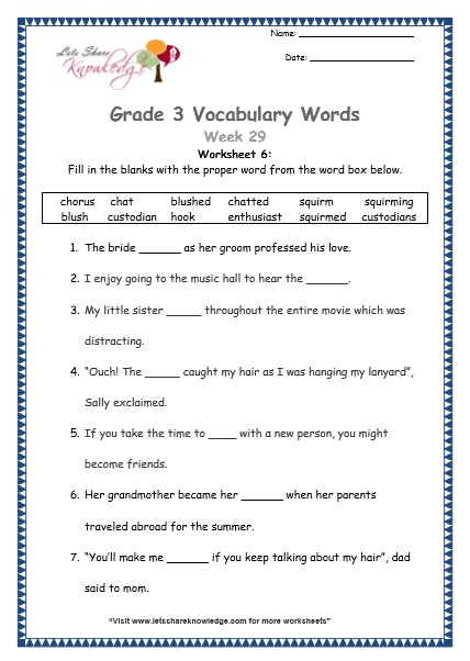  grade 3 vocabulary worksheets Week 29 worksheet 6