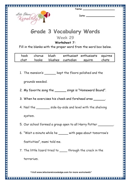  grade 3 vocabulary worksheets Week 29 worksheet 7