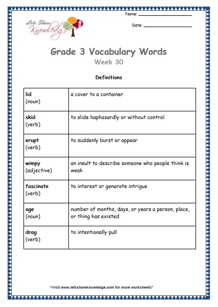 grade 3 vocabulary worksheets Week 30 definitions