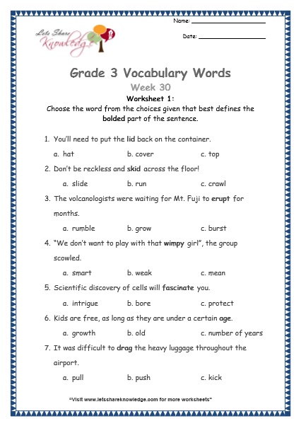 grade 3 vocabulary worksheets Week 30 worksheet 1
