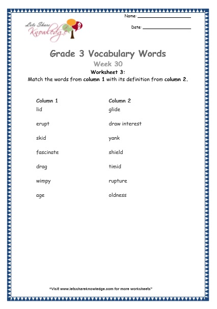  grade 3 vocabulary worksheets Week 30 worksheet 3