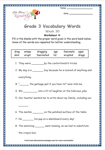  grade 3 vocabulary worksheets Week 30 worksheet 4