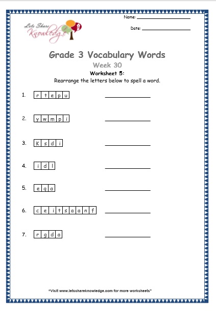  grade 3 vocabulary worksheets Week 30 worksheet 5