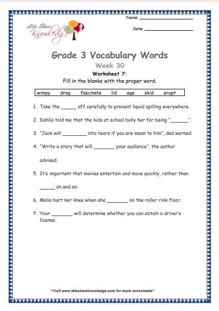  grade 3 vocabulary worksheets Week 30 worksheet 7