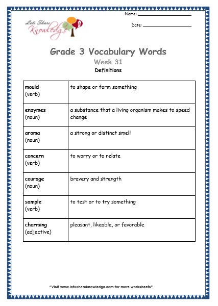 grade 3 vocabulary worksheets Week 31 definitions
